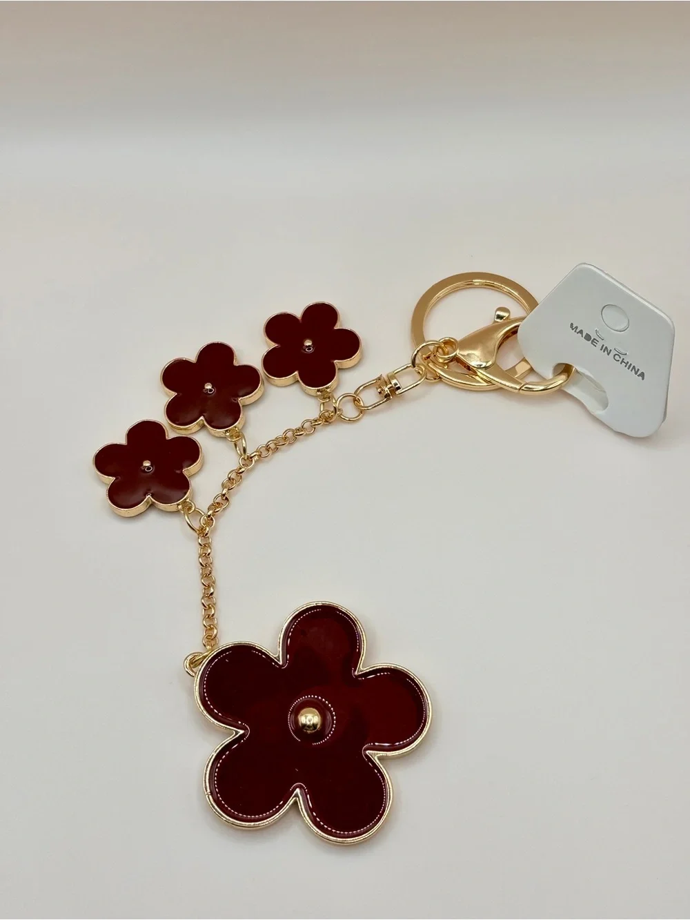 Luxe Gold-Tone Keychain with Burgundy Flower Charms